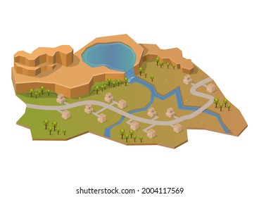 Isometric rock mountain with lake, river and house. Isolated on white