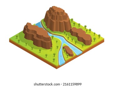 isometric rock mountain with river and trees