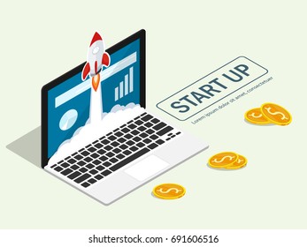 isometric rocket fast start up launch laptop,ecommerce business start up project flat vector