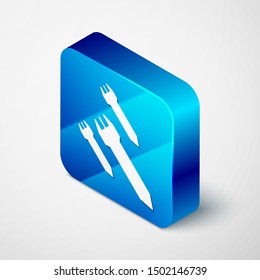 Isometric Rocket icon isolated on white background. Blue square button. Vector Illustration