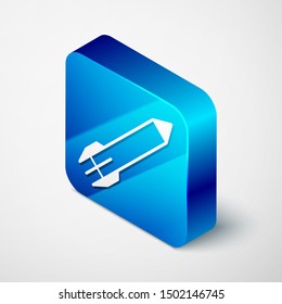 Isometric Rocket icon isolated on white background. Blue square button. Vector Illustration