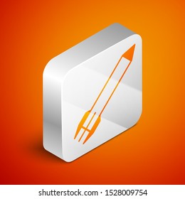 Isometric Rocket icon isolated on orange background. Silver square button. Vector Illustration