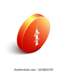 Isometric Rocket icon isolated on white background. Orange circle button. Vector Illustration