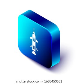 Isometrisches Raketensymbol einzeln auf weißem Hintergrund. Blauer Quadrat-Knopf. Vektorillustration-Illustration