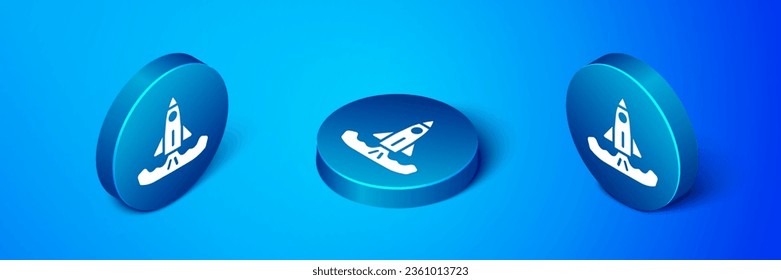 Isometric Rocket icon isolated on blue background. Blue circle button. Vector