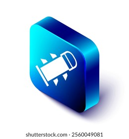 Isometric Rocket icon isolated on white background. Blue square button. Vector