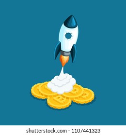 Isometric rocket launch, the concept of creating a business on cryptocurrency mining, startup project vector illustration