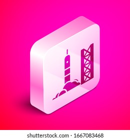 Isometric Rocket launch from the spaceport icon isolated on pink background. Launch rocket in space. Silver square button. Vector Illustration