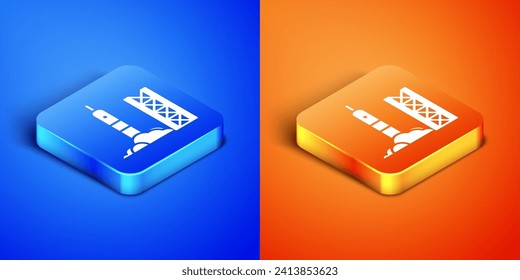 Isometric Rocket launch from the spaceport icon isolated on blue and orange background. Launch rocket in space. Square button. Vector Illustration