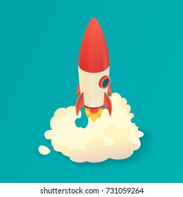 Isometric Rocket Launch. Start Up Rocket Ship. Vector Illustration.