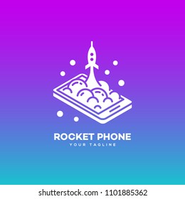 Isometric rocket phone logo design template on a smooth gradient background. Vector illustration.
