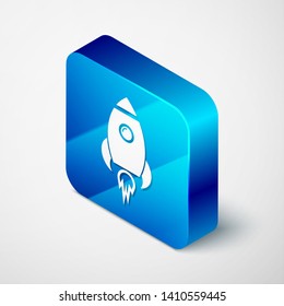 Isometric Rocket ship with fire icon isolated on white background. Space travel. Blue square button. Vector Illustration