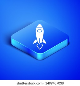 Isometric Rocket ship with fire icon isolated on blue background. Space travel. Blue square button. Vector Illustration