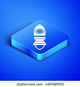 Isometric Rocket ship with fire icon isolated on blue background. Space travel. Blue square button. Vector Illustration