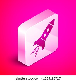 Isometric Rocket ship with fire icon isolated on pink background. Space travel. Silver square button. Vector Illustration