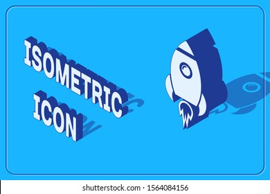 Isometric Rocket ship with fire icon isolated on blue background. Space travel.  Vector Illustration