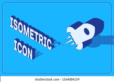 Isometric Rocket ship with fire icon isolated on blue background. Space travel.  Vector Illustration