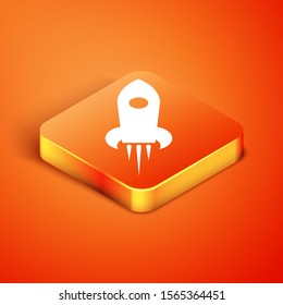 Isometric Rocket ship with fire icon isolated on orange background. Space travel.  Vector Illustration
