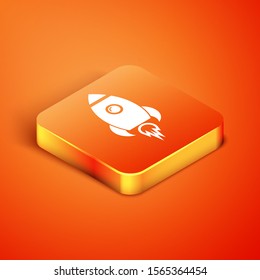 Isometric Rocket ship with fire icon isolated on orange background. Space travel.  Vector Illustration