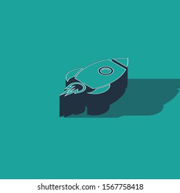 Isometric Rocket ship with fire icon isolated on green background. Space travel.  Vector Illustration
