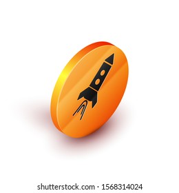 Isometric Rocket ship with fire icon isolated on white background. Space travel. Orange circle button. Vector Illustration