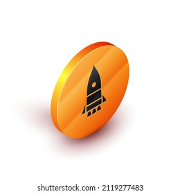 Isometric Rocket ship icon isolated on white background. Space travel. Orange circle button. Vector Illustration