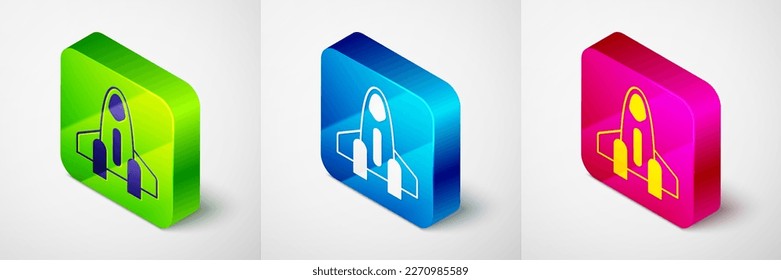 Isometric Rocket ship icon isolated on grey background. Space travel. Square button. Vector