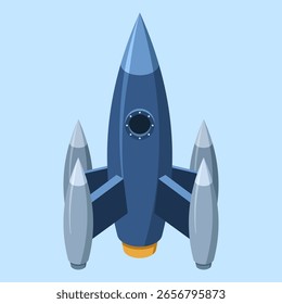 Cohete isométrico. Cohete espacial. Cohete futurista. Proyecto de negocio de cohete de inicio. Exitosa misión de lanzamiento del proyecto. Tecnología isométrica