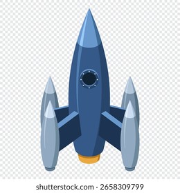 Cohete isométrico. Cohete espacial. Cohete futurista. Proyecto de negocio de cohete de inicio. Exitosa misión de lanzamiento del proyecto. Tecnología isométrica