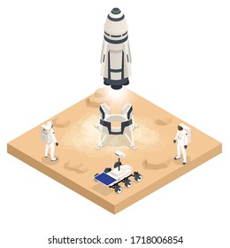 Isometric rocket take-off or landing on Mars. Mars Colonization, Biological terraforming, Paraterraforming, Adapting humans on Mars. Astronautics and space technology.