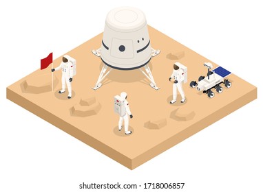 Isometric rocket take-off or landing on Mars. Mars Colonization, Biological terraforming, Paraterraforming, Adapting humans on Mars. Astronautics and space technology.