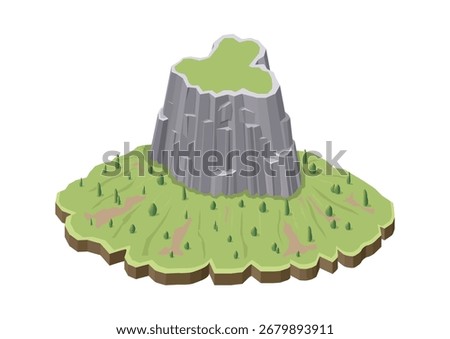 Isometric rocky mountain in the middle of green meadow