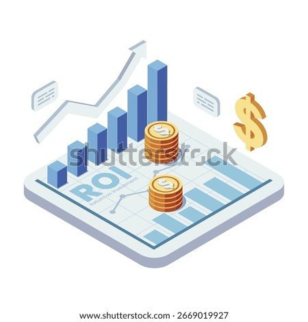 Isometric ROI Growth Chart with Coins and Rising Graph. ROI Return on Investment Concept