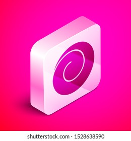Isometric Roll bun with cinnamon icon isolated on pink background. Bakery products. Silver square button. Vector Illustration