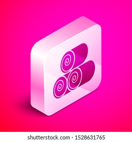 Isometric Roll of hay icon isolated on pink background. Silver square button. Vector Illustration