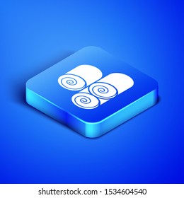 Isometric Roll of hay icon isolated on blue background. Blue square button. Vector Illustration