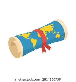 Isometric Rolled World Map with Red Ribbon Bow Isolated on White Background for Global Education