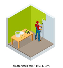 Isometric roller brush painting, worker painting on steel surface wall by the roller brush for protection and corrosion. Construction building industry, new home, interior. Vector illustration