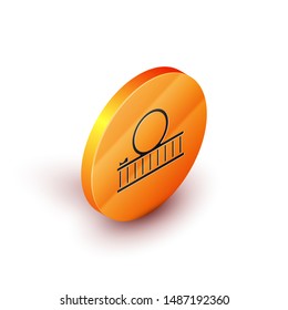 Isometric Roller coaster icon isolated on white background. Amusement park. Childrens entertainment playground, recreation park. Orange circle button. Vector Illustration