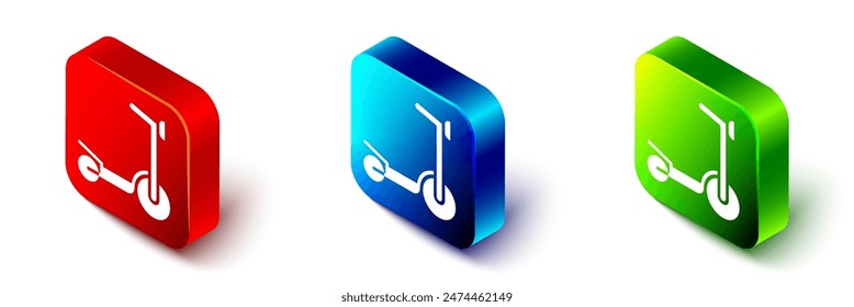 Isometric Roller scooter for children icon isolated on white background. Kick scooter or balance bike. Red, blue and green square button. Vector