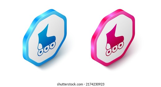 Isometric Roller skate icon isolated on white background. Hexagon button. Vector