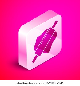 Isometric Rolling pin icon isolated on pink background. Silver square button. Vector Illustration