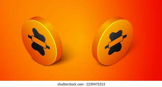 Isometric Rolling pin on dough icon isolated on orange background. Orange circle button. Vector