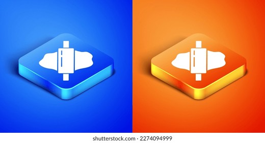 Isometric Rolling pin on dough icon isolated on blue and orange background. Square button. Vector