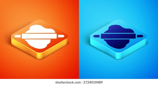 Rodillo isométrico en el icono de la masa aislado en el fondo naranja y azul.  Vector