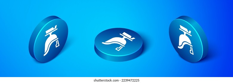 Isometric Roman army helmet icon isolated on blue background. Blue circle button. Vector