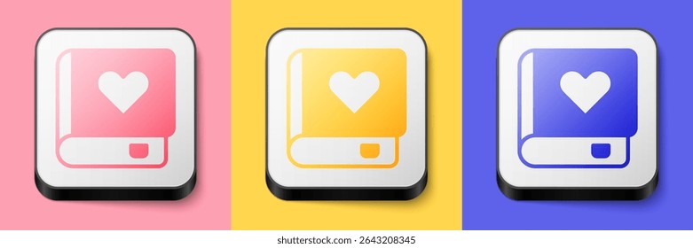 Ícone de livro Romance Isométrico isolado no fundo rosa, amarelo e azul. Botão quadrado. Vetor