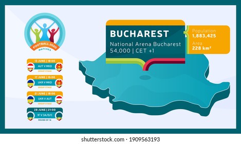 Isometrisches rumänisches Landkarte, die im Bukarester Stadion markiert ist und Fußballspiele veranstaltet, Vektorgrafik. Fußball-2020-Turnier letzte Etappe Infografik und Länderinformationen
