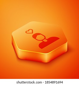 Isometric Romantic man icon isolated on orange background. Happy Valentines Day. Orange hexagon button. Vector