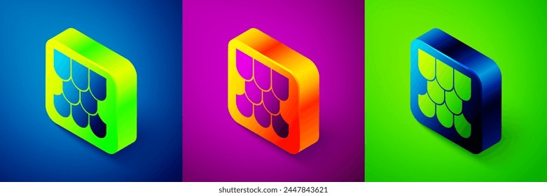 Isometric Roof tile icon isolated on blue, purple and green background. Square button. Vector